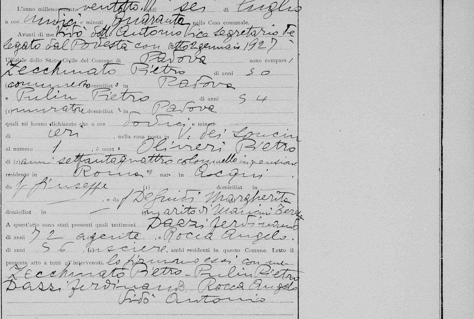 Atto di morte di Pietro Olivieri, Padova, 5 luglio 1928, trascritto a Roma.