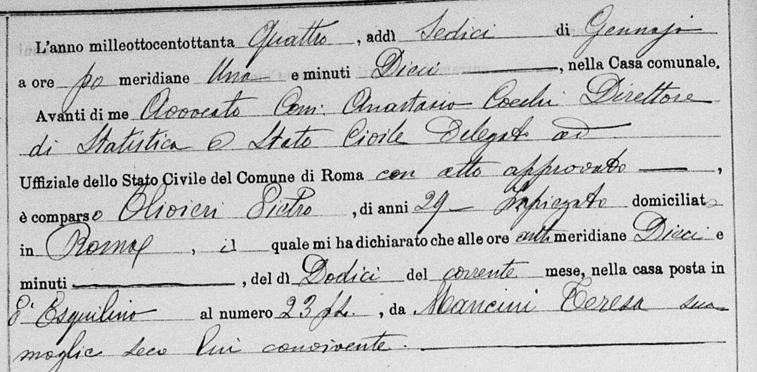 Atto di nascita di Umberto Olivieri, Roma, 16 gennaio 1884.